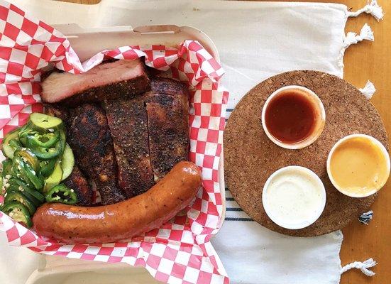 Sampler Platter! Selections can vary, but this day = ribs, hot link, pork belly and chicken drummies.