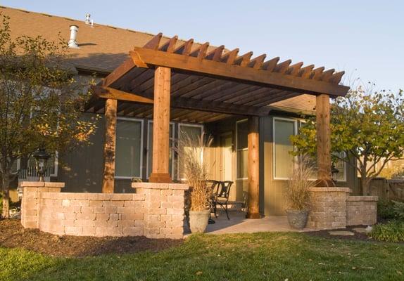 Outdoor pergola and wall.