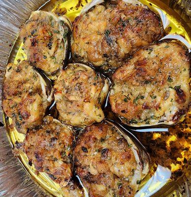 Stuffed Clam appetizer! I cannot tell you how great they are!  Whole clams with perfect blend of seasonings!   7 for $7.95