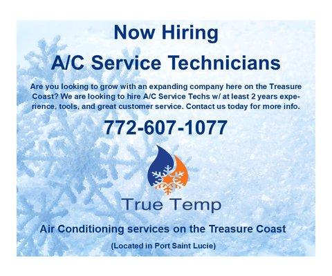 Now Hiring AC Tech's with 3-5 years experience! Contact us for more info.