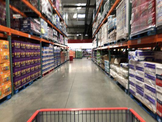 Store aisles are very wide, and most items are sold in bulk.