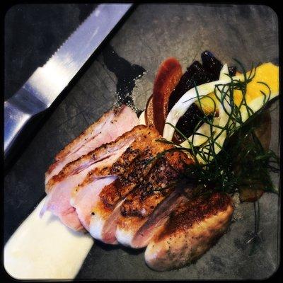 Duck with celery cream, compressed apple, shaved fennel, beet and citrus