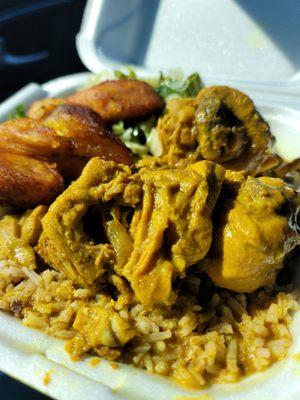 Curry Chicken Rice and Peas  Fried Plantains  Cabbage