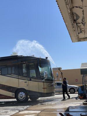 Hand washing a 45ft Custom Coach top to bottom!