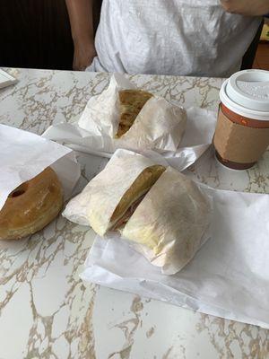 Turkey cheese croissant, donut, coffee