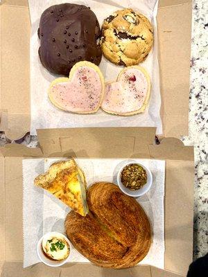 Salty ccc, chocolate croissant, flamin hot palmier, quiche, pink peppercorn shortbread