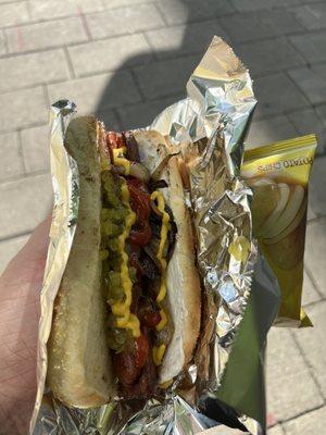 Seattle dog with cream cheese and relish and mustard and ketchup