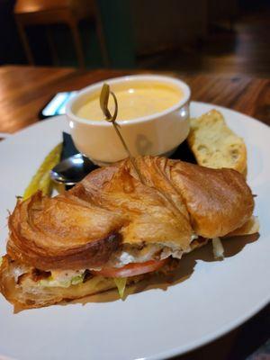 Tomato bisque soup and chicken salad crossiant