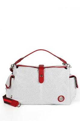 Orobianco Felix duffle size large in color white with pin dots punched shiny calf leather; red handle top with red leather trims