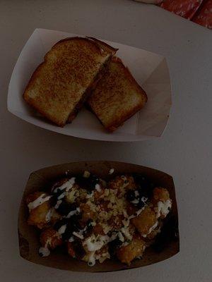 Brisket grilled cheese and loaded tots