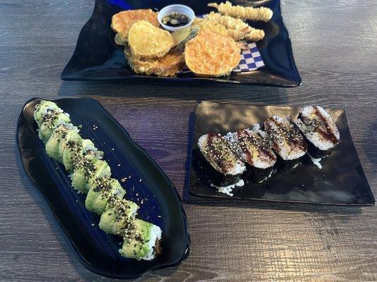 Tempura Sampler, Utah Roll, and Spam Musubi