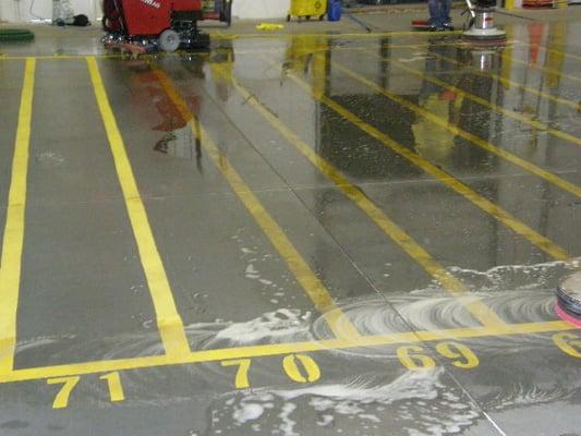 Cleaning Yellow Safety Lines - You Can See the Difference as We Scrub