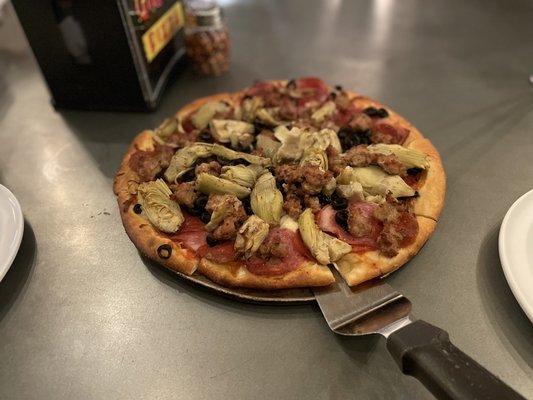 Meat Lovers with extra artichokes and olives