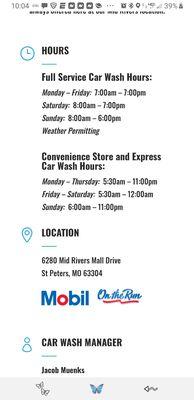 Location hours for car wash