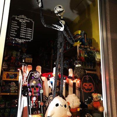 This is Halloween at The Magic Toybox. 6' Jack Skellington puppet by Folkmanis, Halloween putty by Crazy Aaron's Thinking Putty, Squishables