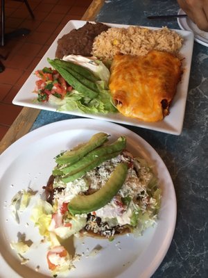 Enchiladas Rojas with cheese, rice, beans Salad, and a Gordita