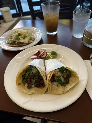 Chorizo and al pastor taco, ground beef tostada