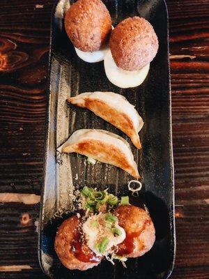 appetizer sampler: gyoza, AGUcini, takoyaki