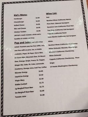 Additional drinks and kids menu