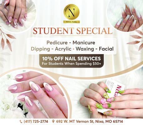 STUDENTS SPECIAL 
10% OFF Nail Services for Students When Spending $50+

Back to school! Are you ready?