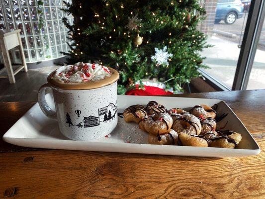 Crushed Peppermint Mocha and hot mini donuts with chocolate and peppermint