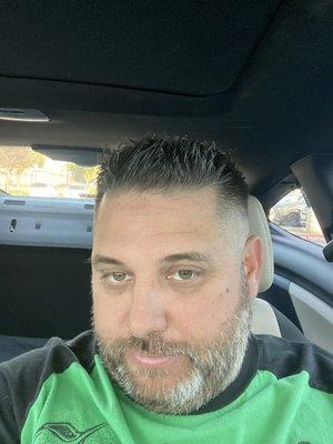 My fade haircut in my car after coming from salon