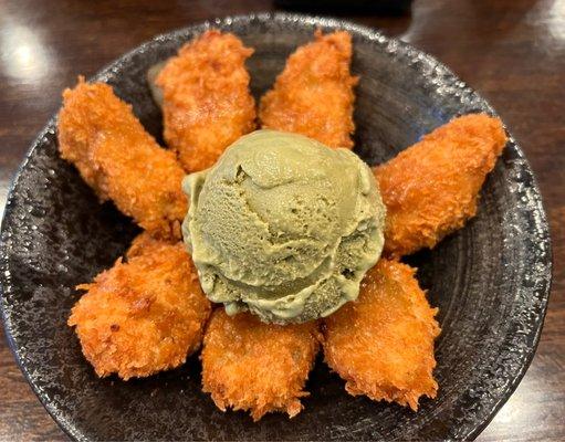 Banana Tempura with green tea ice cream