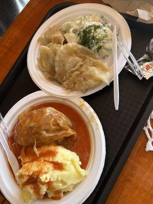 Pierogi with cucumber salad and Cabbage Roll with mashed potatoes