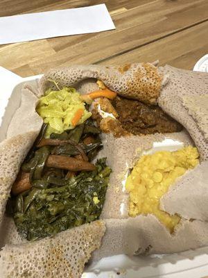 Veggie platter- lentils, yellow peas, collard greens, cabbage, carrots and green beans