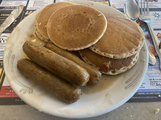 Frozen pancakes and nice sized breakfast sausages.