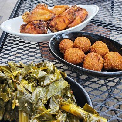 6 Hushpuppies Collard Greens Smoked Wings