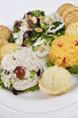 Salad Trio - Chicken Salad, Pimento Cheese, and Broccoli Slaw with a Sour Cream Biscuit