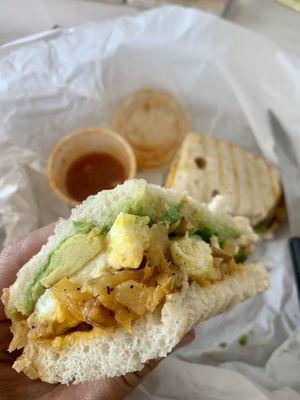 Sourdough, egg, cheese, avocado, potato