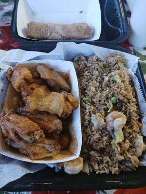 Veggie eggroll, honey mild wings, and shrimp fried rice