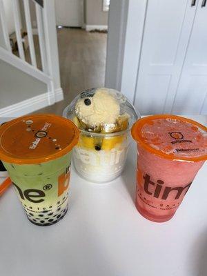 Jasmine matcha with boba Watermelon slushie Mango shaved ice