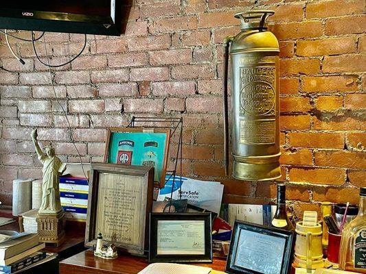 Old bar memorabilia, including an old fire extinguisher