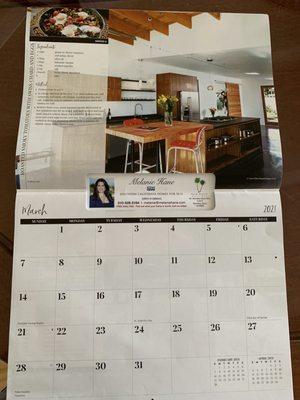 Monthly calendar given to clients. Each month has a kitchen remodel.