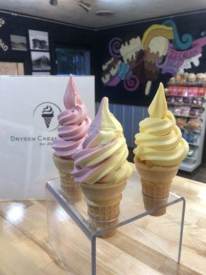 Vegan soft serve flavors: pineapple, strawberry and twist!