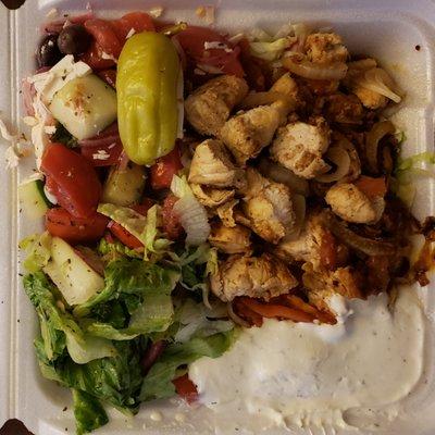 Chicken Kabobs with Greek Salad and Mediterranean Salad, with tzatziki