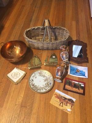 $8 copper bowl, $3 basket, $6 ship bookends, $5 mirror, $5 2 vases, $2 plate, $4 "N" napkins, $1.50 3 postcards. Not bad at all