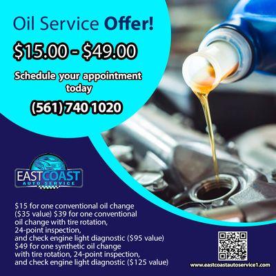 OIL SERVICE FOR AMAZIN PRICE! CALL US TODAY FOR APPOINTMENT 561-7401020