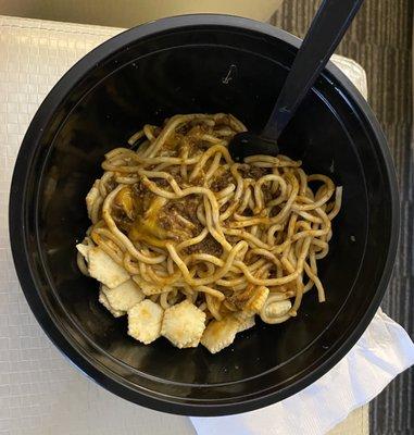 3-Way. Chili over spaghetti with cheddar cheese. Oyster crackers.