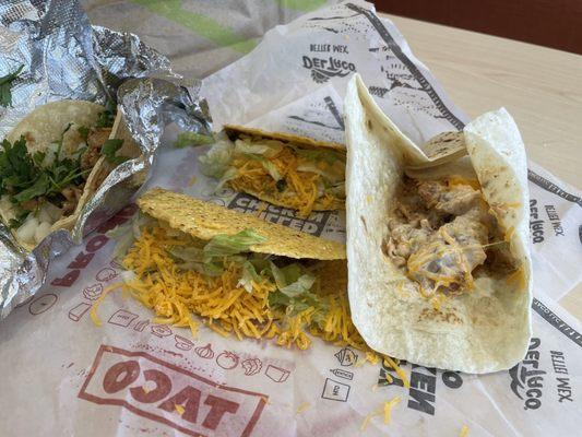 Taco Del carbon, hard shell taco, chicken roller.