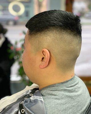 High bald fade on coarse, straight hair