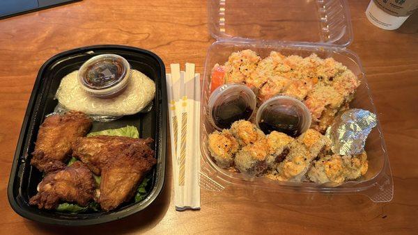 Thai Wings (left), Mango Tree Roll (top right), Spicy Tuna Crunch Roll (bottom right)