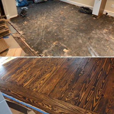 Before and after sanding and staining old pine hardwood flooring