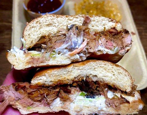 Southern Pulled Pork Sandwich with Mac and Cheese and Baked Beans sides - takeout