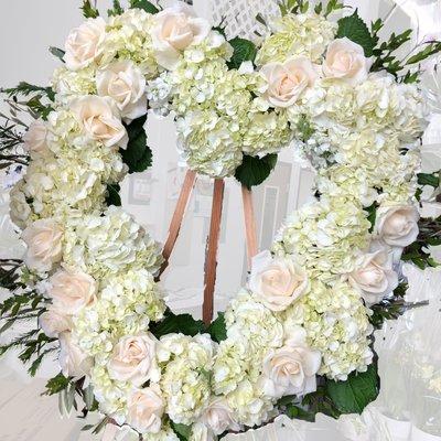 heart arrangement,white and red roses,open heart arrangement,flower standing spray,funeral flowers,valentines day,mothers day,large flowers