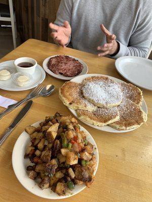 cottage cheese pancakes, corn beef hash, potatoes