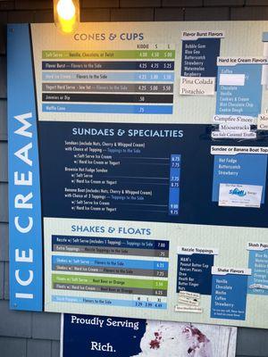 Ice cream menu